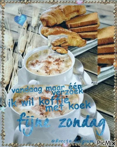 Koffie met croissants en koekjes, met de tekst "fijne zondag".