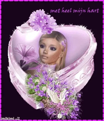 Hartvormige afbeelding met bloemen en een vrouwelijk gezicht. Tekst: 'met heel mijn hart'.