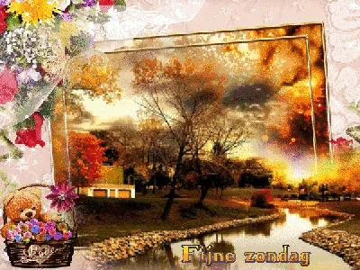 Een kleurrijk herfstlandschap met een rustige vijver en een teddybeer in een bloemenmand.