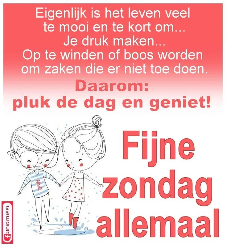 ᐅ fijne zondag tekst - Zondag plaatjes Illustratie van twee kinderen met tekst over genieten en een fijne zondag.