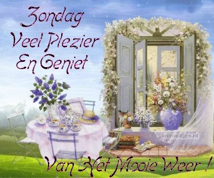 ᐅ fijne zondag tekst - Zondag plaatjes Illustratie van een open deur met bloemen, tekst over een zondag vol plezier.