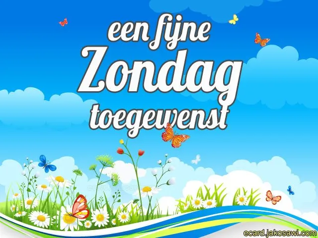 ᐅ fijne zondag tekst - Zondag plaatjes Een blauwe lucht met bloemen en vlinders, tekst: "Een fijne Zondag toegewenst".