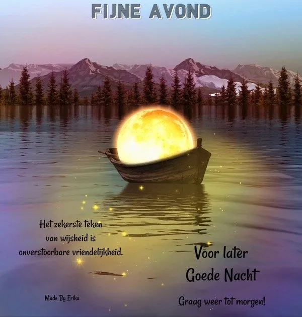 Zonsondergang boven een meer met een boot en inspirerende tekst voor de avond.