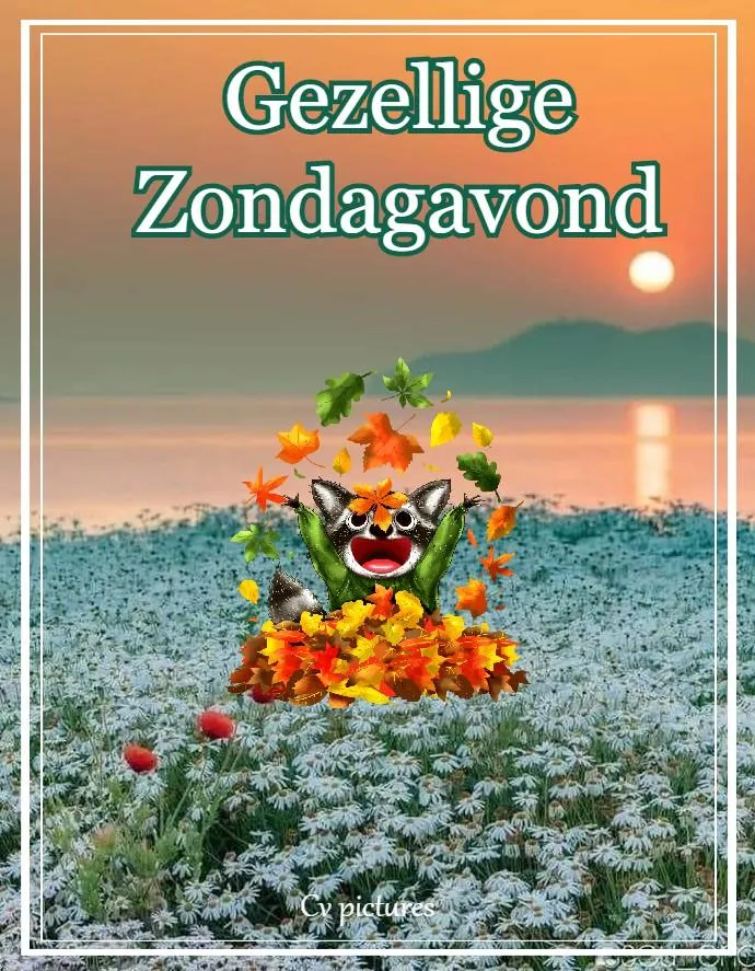 Zonsondergang boven een bloemenveld met een cartoonfiguur omringd door bladeren.