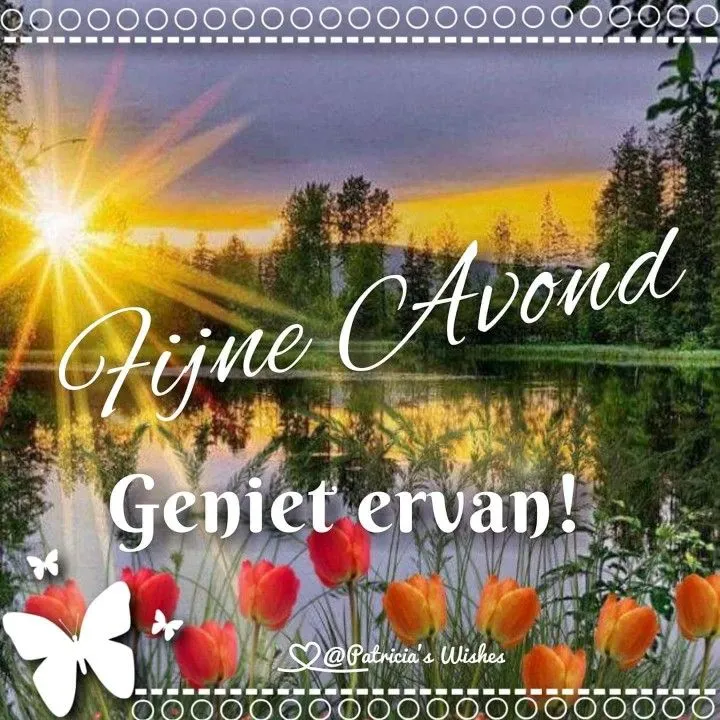 Zonsondergang boven een meer met bloemen en de tekst "Fijne Avond". Geniet ervan!
