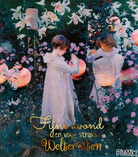 Twee meisjes in een tuin met lantaarns en bloemen, bij avondlicht.