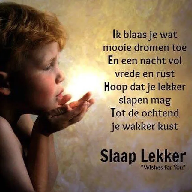 Een jongen blaast dromen toe, met tekst over slapen en wensen voor de nacht.