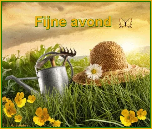 Een gietertje en een hoed in een bloemenveld bij zonsondergang. Fijne avond.