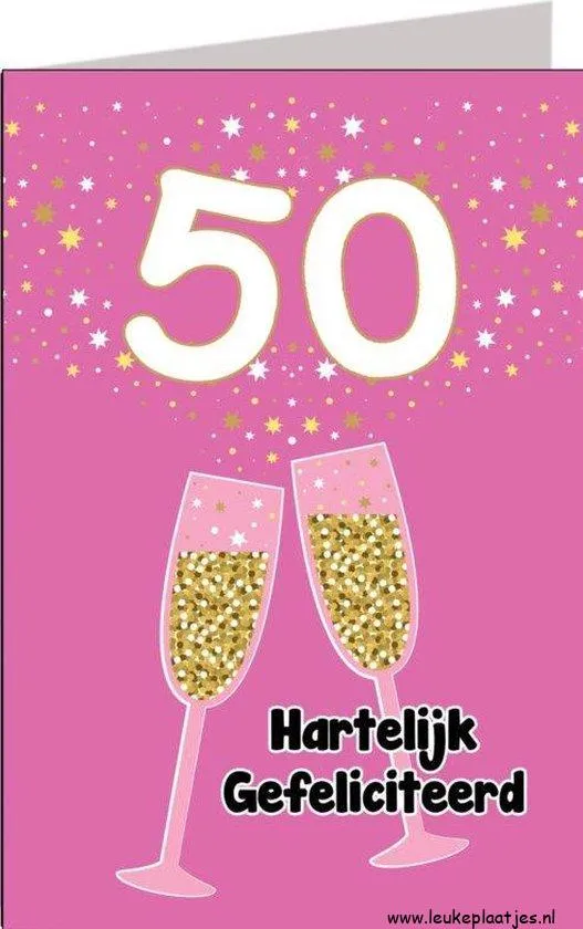 ᐅ gefeliciteerd 50 jaar vrouw humor - Verjaardag plaatjes Een roze kaart met '50' en twee glazen champagne, met de tekst 'Hartelijk Gefeliciteerd'.