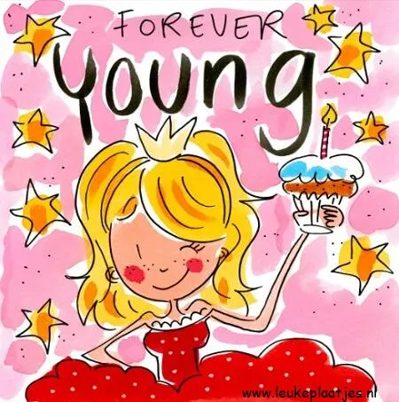 ᐅ gefeliciteerd 50 jaar vrouw humor - Verjaardag plaatjes Meisje in rode jurk met kroon en cupcake, met de tekst "Forever Young" op de achtergrond.