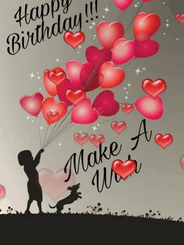 Silhouet van een kind met een hond, omringd door harten en verjaardagswensen.