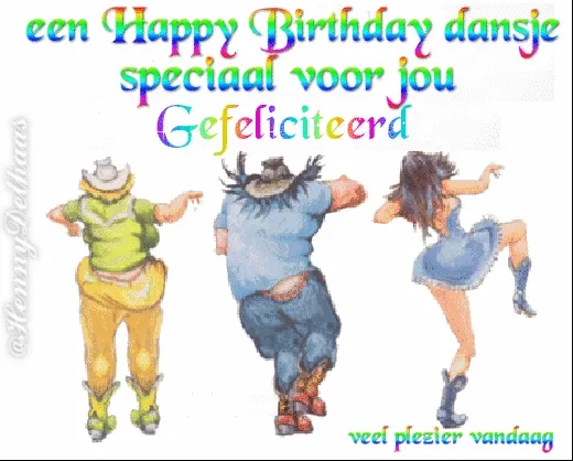 Mensen dansen feestelijk voor een verjaardagsgroet. Tekst: Gefeliciteerd!