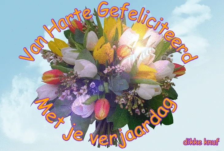 Een boeket bloemen met de tekst 'Van Harte Gefeliciteerd met je verjaardag'.