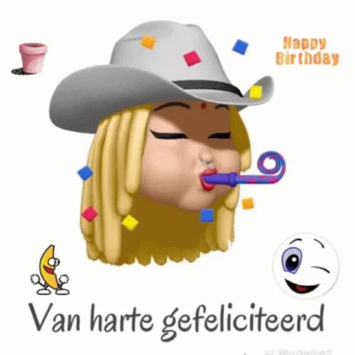Een verjaardagsgroet met een feestelijke animatie en confetti.
