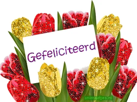 Kleurige tulpen met een gele kaart met de tekst 'Gefeliciteerd'.