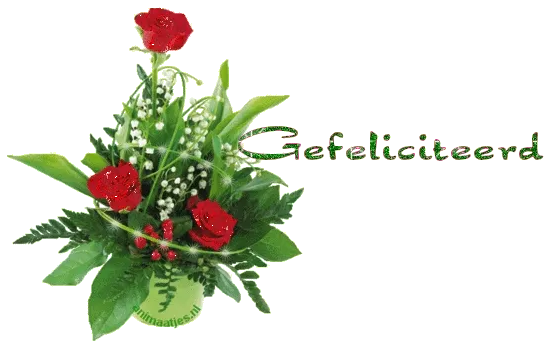 Een boeket met rozen en lelietjes-van-dalen, met de tekst "Gefeliciteerd".