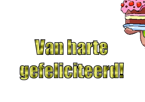 Feestelijke achtergrond met tekst: "Van harte gefeliciteerd!" en een taartillustratie.