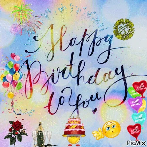 Kleurige verjaardagstaarten en versieringen met de tekst "Happy Birthday to You".