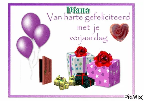 Verjaardagskaart met ballonnen, geschenken en de tekst 'Van harte gefeliciteerd, Diana'.