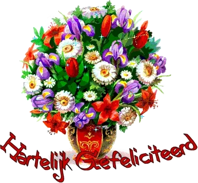 Een kleurrijk bloemetje in een vaas met de tekst "Hartelijk Gefeliciteerd".