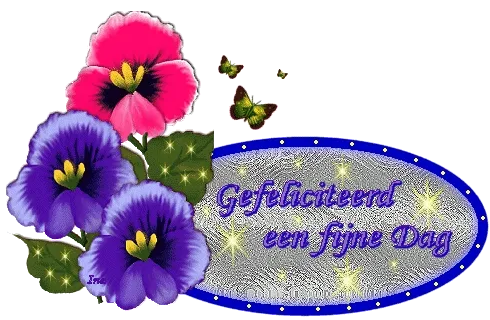 Bloemen met de tekst "Gefeliciteerd, een fijne dag" en vlinders.