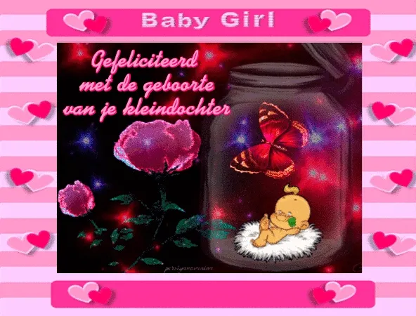 Afbeelding van een schattig baby-meisje met een vlinder en bloemen, met gefeliciteerd tekst.