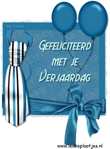 Blauwe verjaardag felicitatie met stropdas en ballonnen.