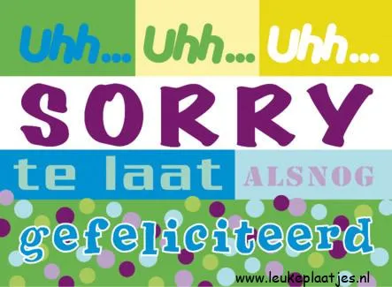 Kleurige tekst met de woorden "Sorry te laat, gefeliciteerd!" in verschillende lettertypes.