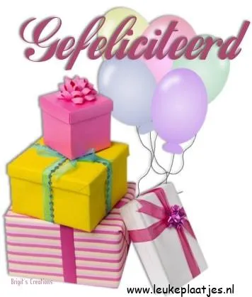 Drie feestelijke cadeaus met ballonnen en de tekst 'Gefeliciteerd'.