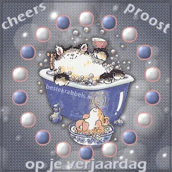 Illustratie van een kat in een bad met een glas, vierde verjaardag met ballonnen.
