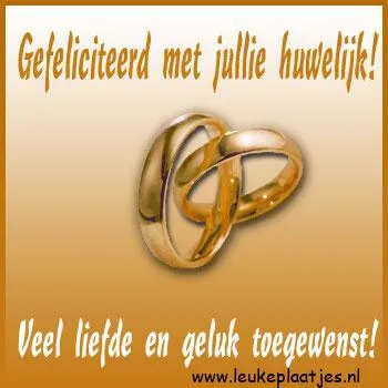 Afbeelding van twee gouden trouwringen met de tekst "Gefeliciteerd met jullie huwelijk!"