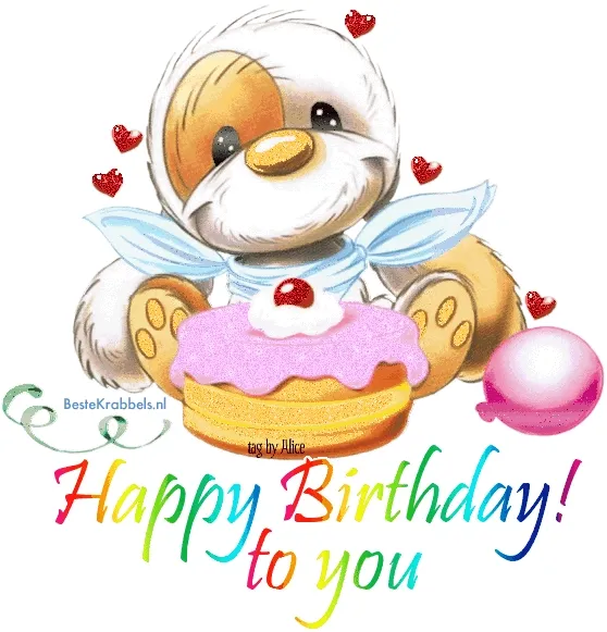 Een schattige teddybeer met verjaardagstaart en ballonnen. Gelukkige verjaardag!