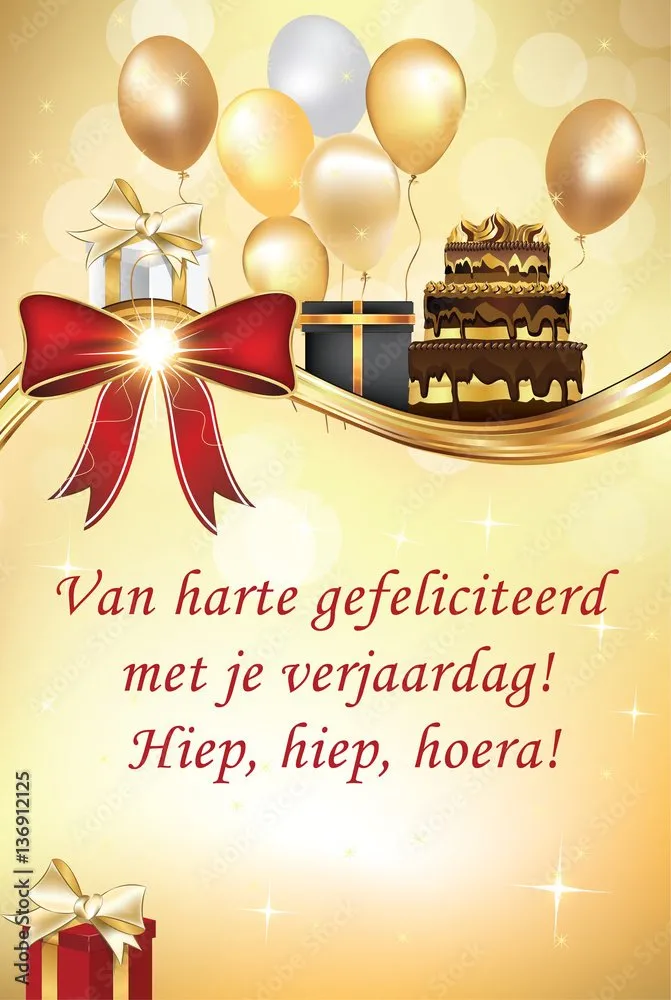 Feestelijke verjaardagskaart met ballonnen, taart en cadeaus. Tekst: Van harte gefeliciteerd!
