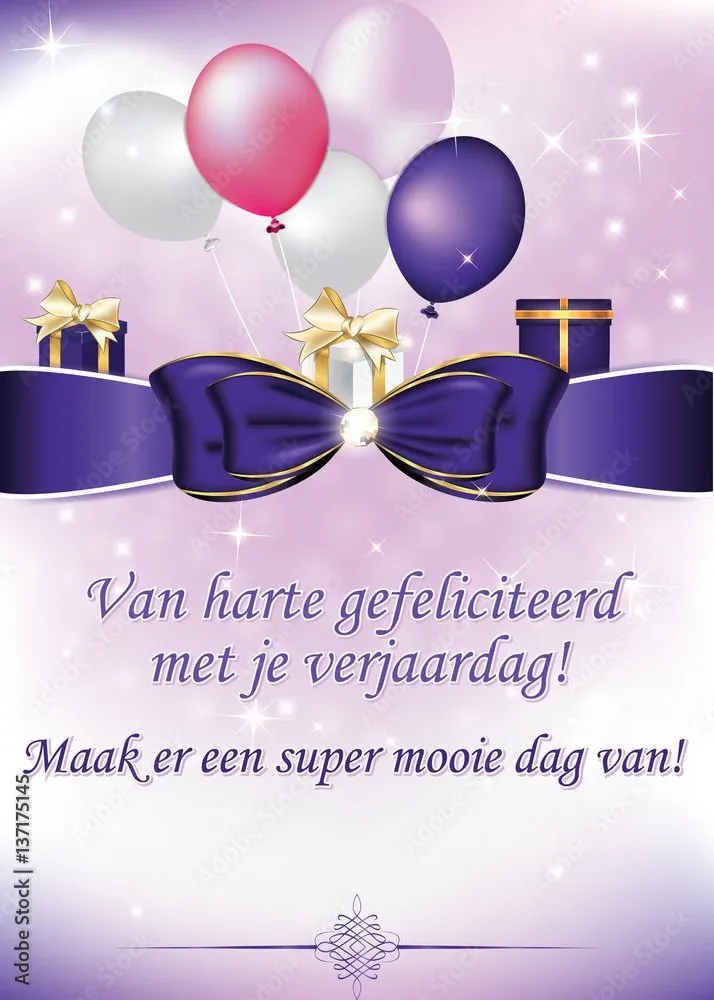 Feestelijke verjaardagskaart met ballonnen, cadeaus en een mooie strik.