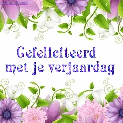 Kleurige bloemen en de tekst 'Gefeliciteerd met je verjaardag' in het midden.