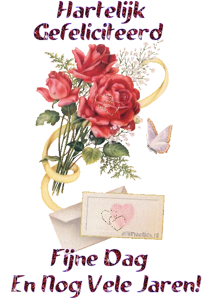 Rozen met een brief en een vlinder, met de tekst "Hartelijk Gefeliciteerd".
