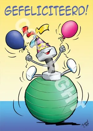 Een vrolijke bout met een feesthoed, in balans op een gymbal met ballonnen.