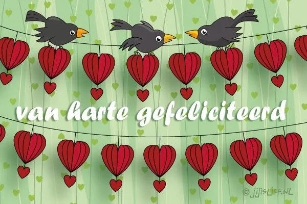 Drie vogels met hartjes, tekst: "van harte gefeliciteerd" in vrolijke kleuren.