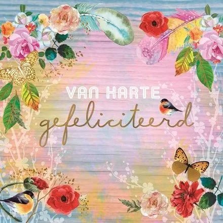 ᐅ gefeliciteerd vrouw - Verjaardag plaatjes Kleurrijke achtergrond met bloemen, vlinders en de tekst "Van harte gefeliciteerd."