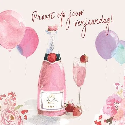 ᐅ gefeliciteerd vrouw - Verjaardag plaatjes Een feestelijke afbeelding met champagne, bloemen en ballonnen voor een verjaardag.