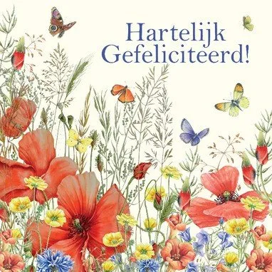 ᐅ gefeliciteerd vrouw - Verjaardag plaatjes Kleurrijke bloemen met vlinders en de tekst "Hartelijk Gefeliciteerd!" bovenaan.