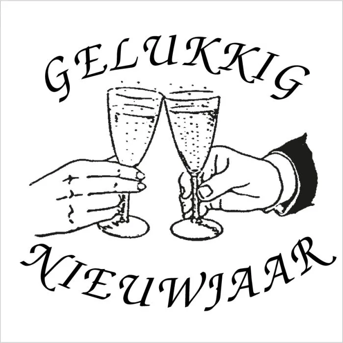 Twee handen heffen champagneglazen met de tekst “Gelukkig Nieuwjaar”.