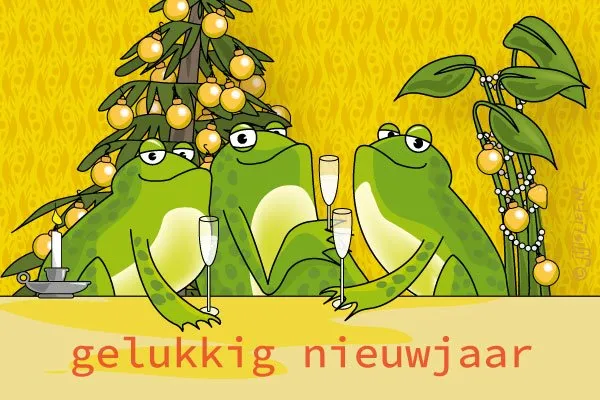 Drie vrolijke kikkers vieren nieuwjaar met champagne en een kerstboom.