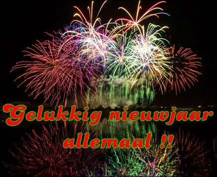 Kleurige vuurwerken boven een donkere lucht met de tekst "Gelukkig nieuwjaar allemaal!"