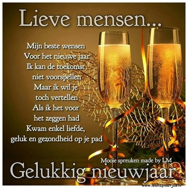 Een nieuwjaarsgroet met twee glazen champagne en een wens voor liefde en gezondheid.
