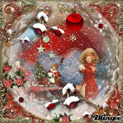 Kerstafbeelding met sneeuw, bloemen en traditionele kerstfiguren.