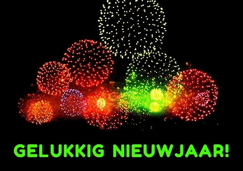 Kleurrijke vuurwerkexplosies met de tekst 'Gelukkig Nieuwjaar!' onderaan.