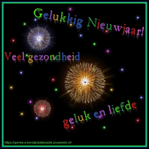 Kleurrijke vuurwerkexplosies met Nieuwjaarswensen op een zwarte achtergrond.