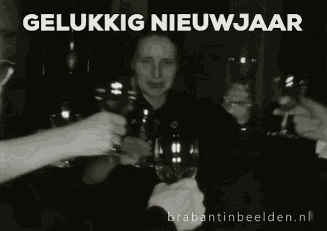 Een groep mensen proost met glazen op het nieuwe jaar.
