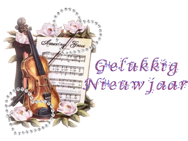 Een viool met bladmuziek en bloemen, met tekst 'Gelukkig Nieuwjaar'.